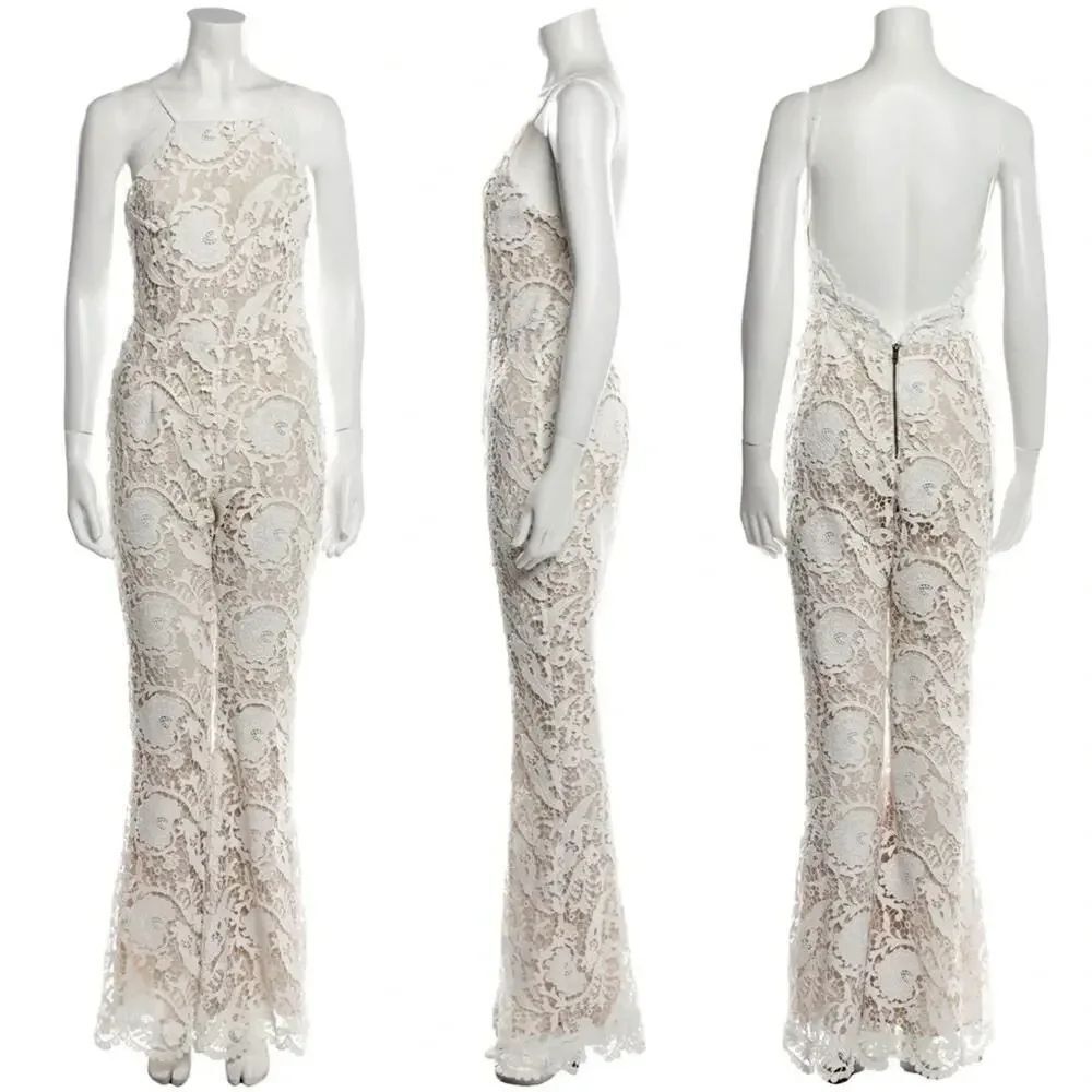 Stone Cold Fox Dylan Lace Jumpsuit Ivory Nude Lined Open Back Size 0 - Picture 3 of 15